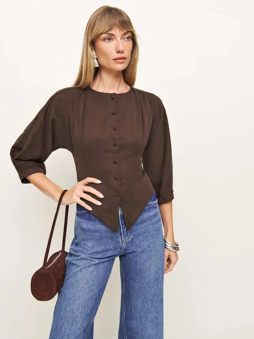 Reformation Martha Front Button Asymmetric Top Brown Size 4